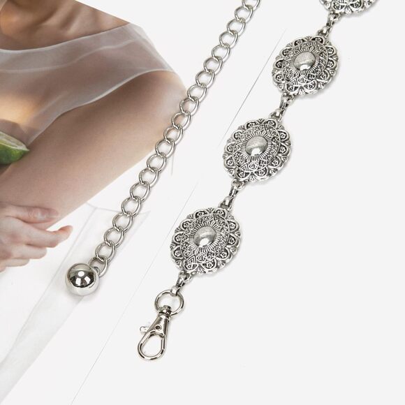 Metal Belt For Women Antique Silver Chain Western Women's Belt Punk Belt 47"💘 - Picture 5 of 7